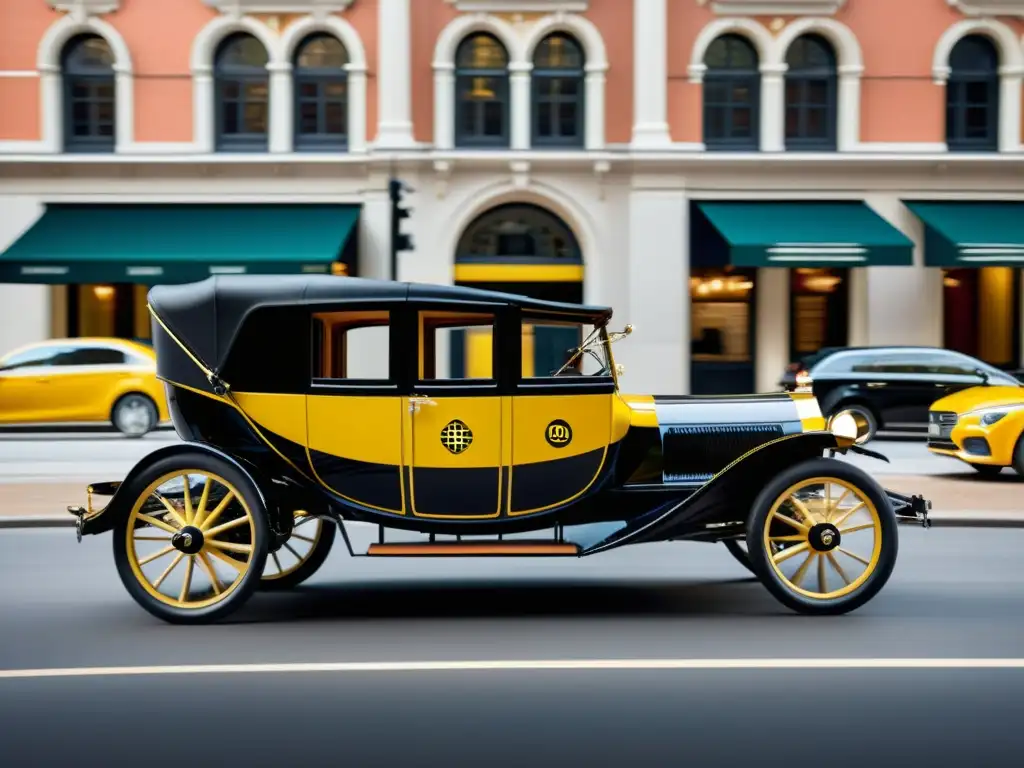 Imagen detallada de un carruaje histórico transformado en un moderno taxi, representando la evolución de taxis a través de innovaciones tecnológicas