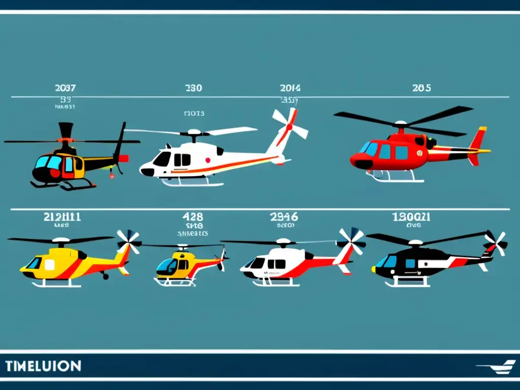 Imagen detallada y visualmente cautivadora de la evolución de helicópteros, destacando hitos en la historia y avances en diseño de esta aeronave