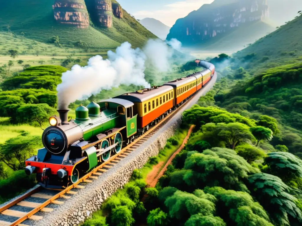 Imagen detallada del histórico Ferrocarril de Benguela en Angola, con un tren clásico recorriendo el pintoresco paisaje montañoso