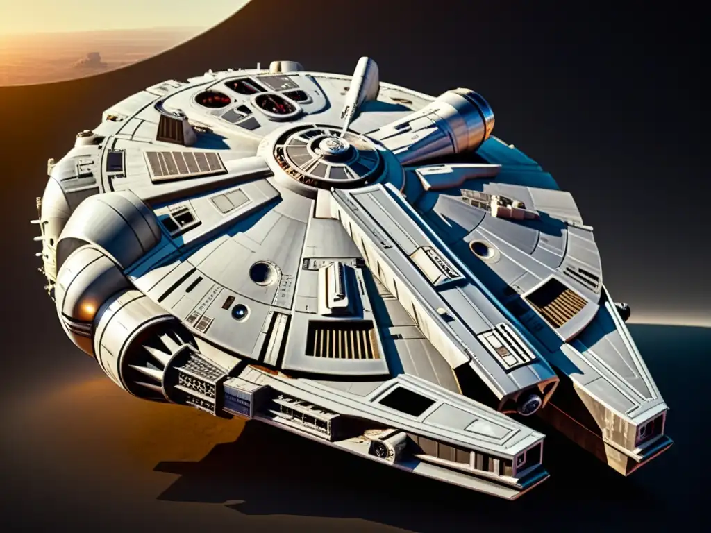 Imagen detallada de la icónica nave espacial Millennium Falcon de Star Wars, resaltando su historia y significado en el cine