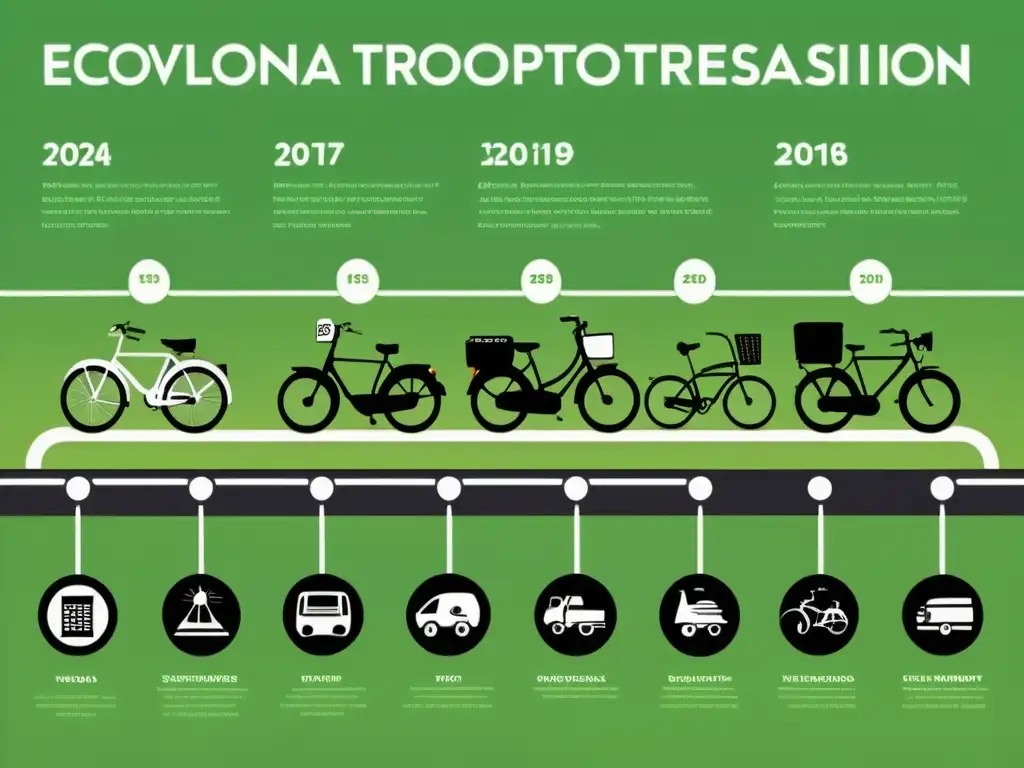 Imagen detallada de una línea de tiempo histórica que muestra la evolución del transporte ecológico a lo largo de la historia, desde bicicletas antiguas hasta vehículos sostenibles modernos