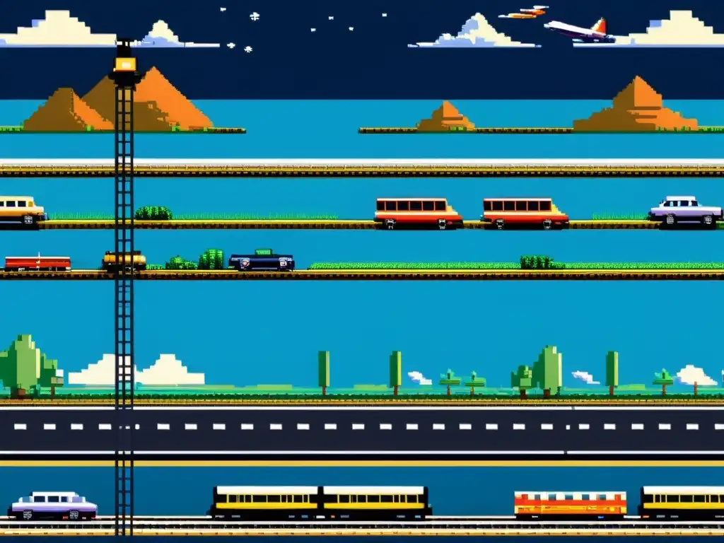 Imagen detallada de un nivel de videojuego de 8 bits con diferentes medios de transporte