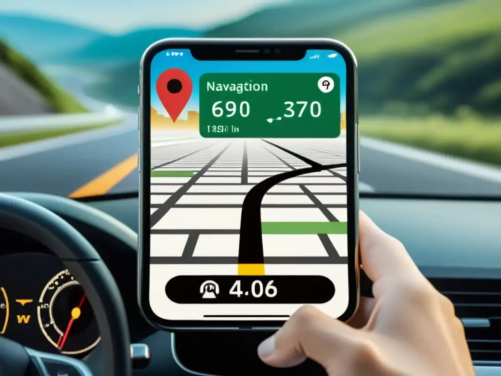 Imagen detallada de pantalla de smartphone con app de navegación mostrando límite de velocidad en la carretera, transmitiendo seguridad y practicidad