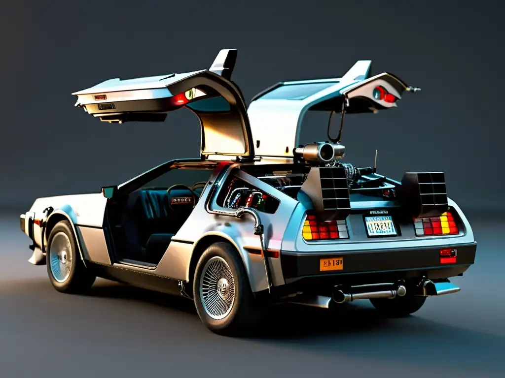 Imagen detallada del icónico DeLorean de la serie de TV 'Back to the Future', destacando su diseño innovador y tecnología futurista