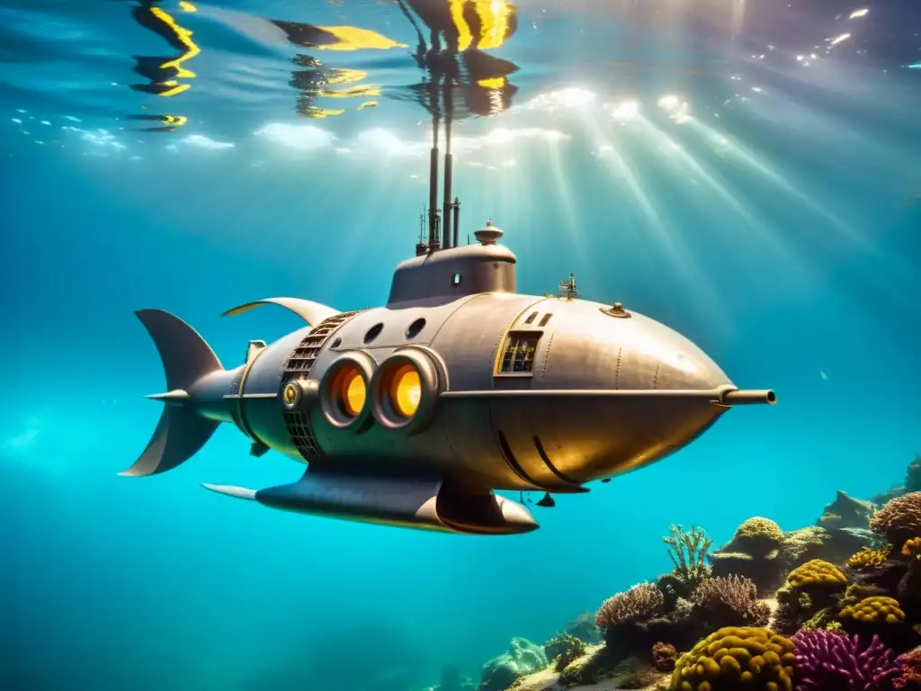 Imagen detallada de la icónica submarino Nautilus de '20,000 Leguas de Viaje Submarino', con diseño vintage y atmósfera submarina