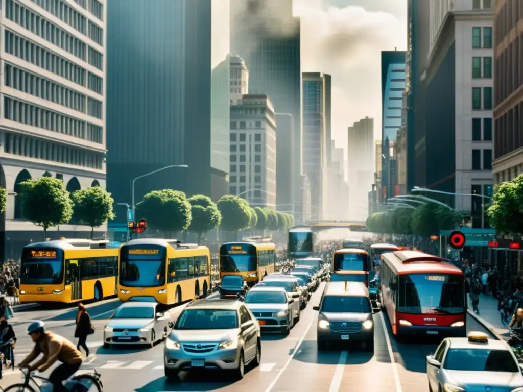 Imagen detallada de la evolución del transporte en una bulliciosa calle urbana, destacando su impacto ambiental