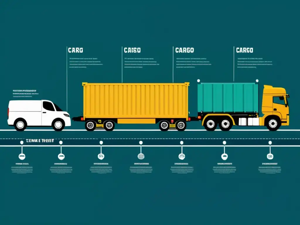 Imagen detallada de la evolución del transporte de carga, desde carros antiguos hasta camiones modernos y barcos de carga