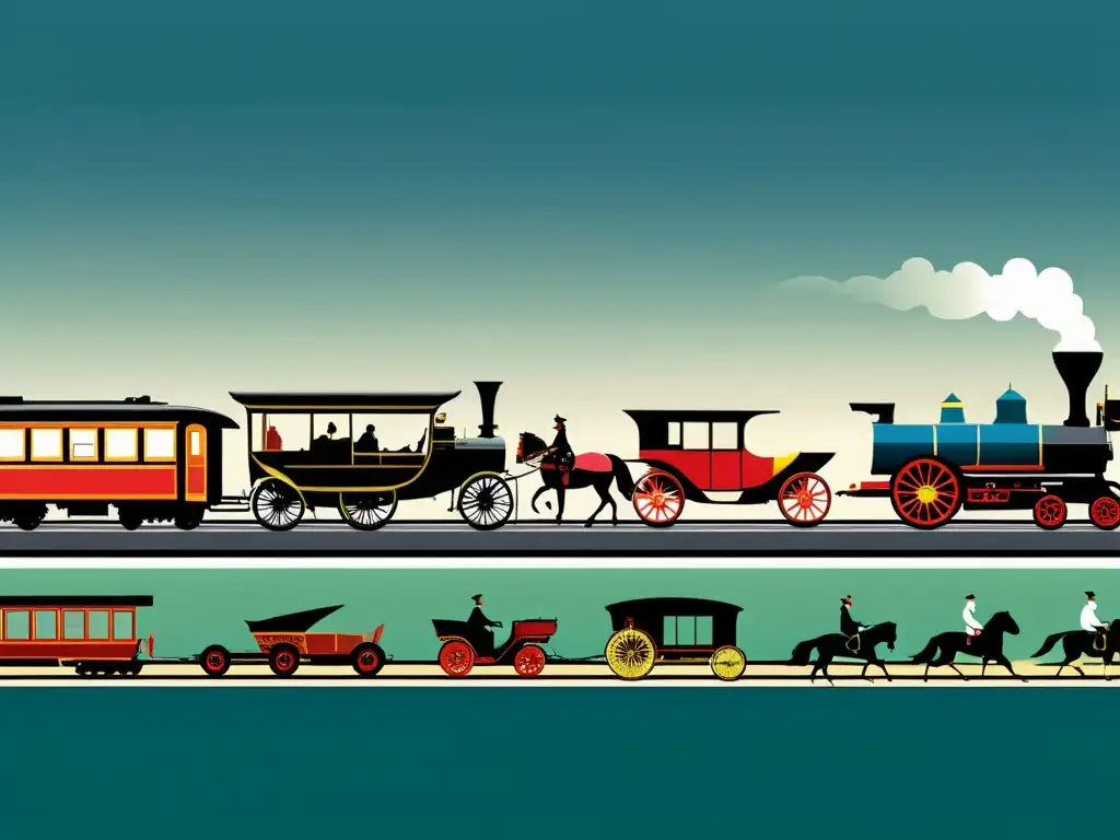 Imagen detallada de la evolución del transporte a lo largo de la historia, desde carros tirados por caballos hasta trenes de alta velocidad, ideal para juegos de simulación de transporte histórico