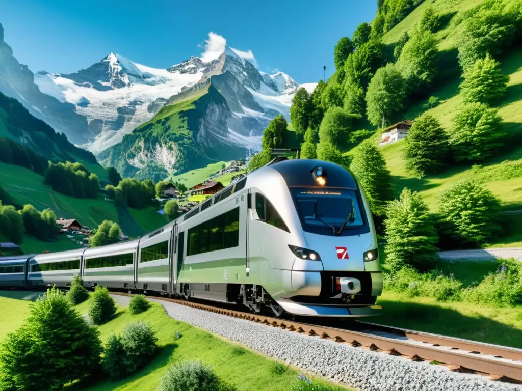 Imagen detallada en 8k del Tren de la Jungfrau cruzando los impresionantes Alpes suizos entre exuberante vegetación y montañas nevadas