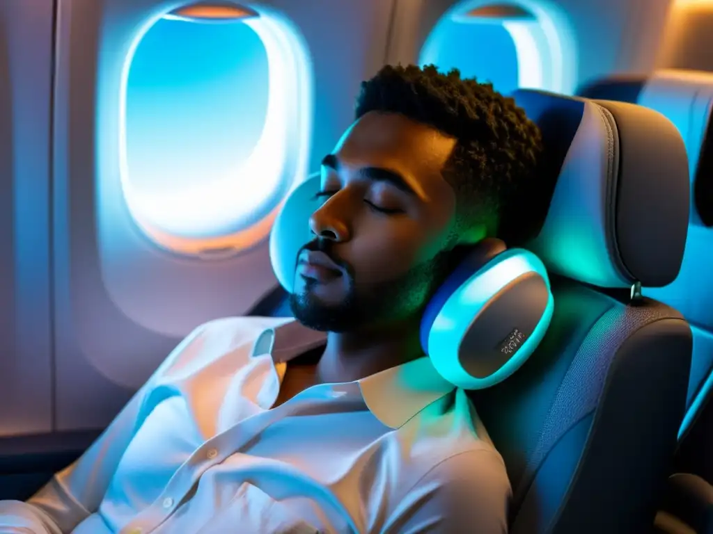 Imagen detallada de viajero usando almohada de viaje con tecnologías en almohadas para dormir, inmerso en relajante descanso en avión