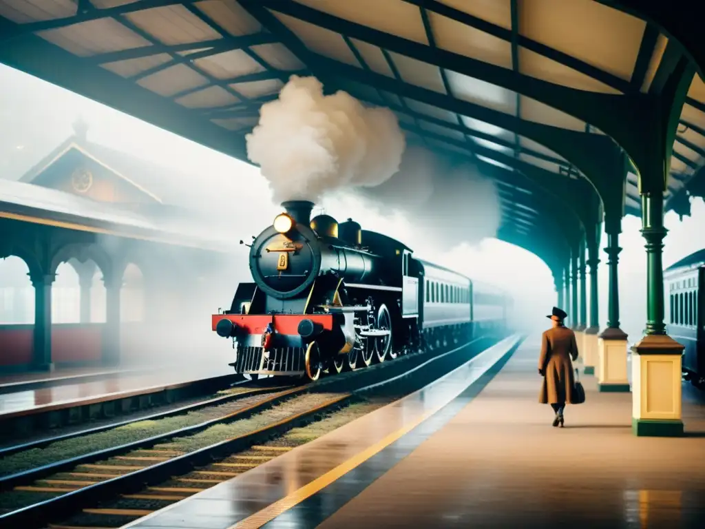 Imagen documental de una estación de tren vintage envuelta en densa niebla sepia, evocando evolución de la seguridad en trenes