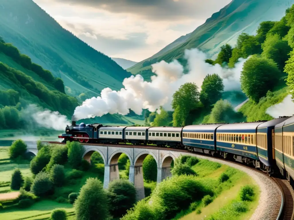 Imagen documental del icónico tren Orient Express viajando por un paisaje europeo, evocando elegancia vintage y aventura atemporal