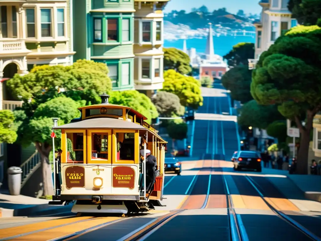 Imagen documental de los icónicos tranvías de San Francisco recorriendo las empinadas calles de la ciudad, con históricas casas victorianas de fondo