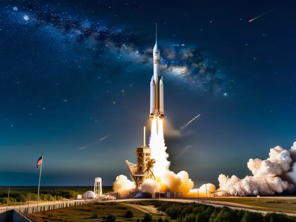 Imagen documental de lanzamiento espacial histórico, con detalles del cohete, técnicos preparando el despegue y el vasto cielo estrellado