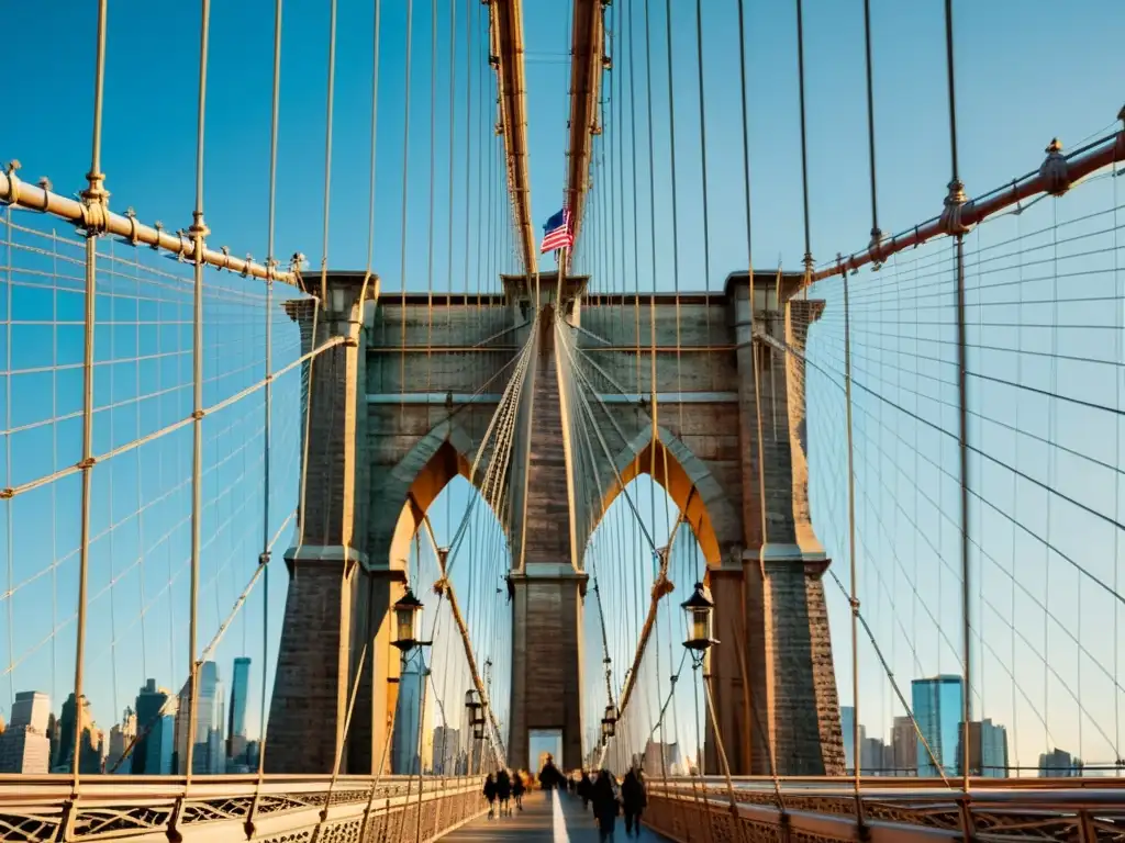 Imagen documental de la majestuosa arquitectura del Puente de Brooklyn, resaltando su belleza e historia