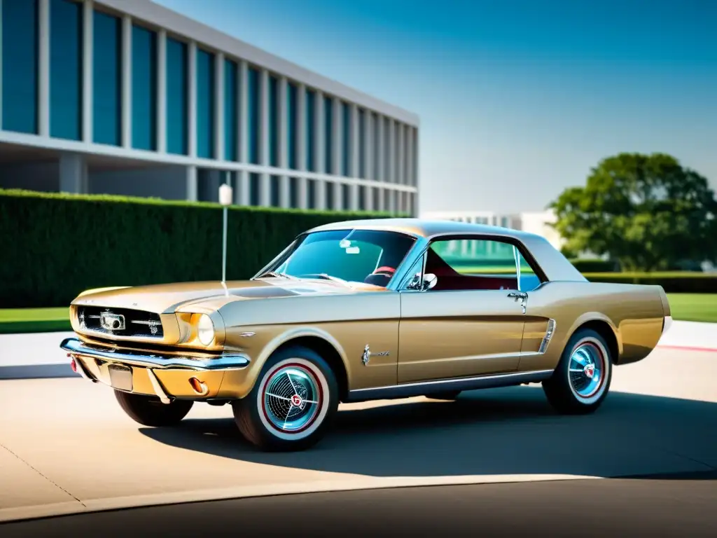 Imagen documental de alta resolución del Mustang original de 1964 estacionado frente a la icónica sede de Ford, evocando la historia del automóvil icónico Mustang y su legado duradero en el mercado automotriz estadounidense