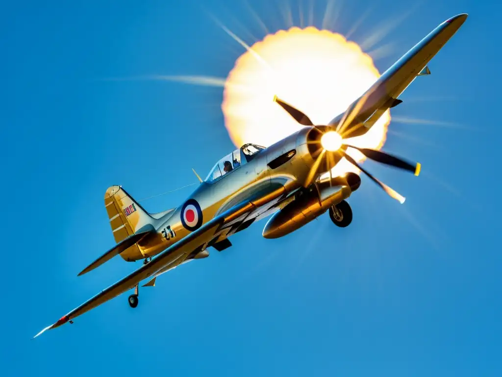 Una imagen documental de alta resolución de un avión vintage surcando el cielo azul, bañado por la cálida luz dorada del sol