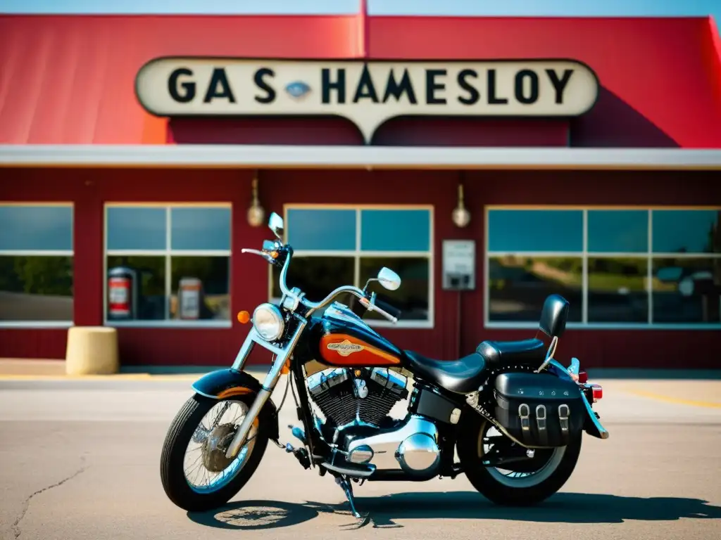 Una imagen documental de alta resolución de una motocicleta Harley Davidson clásica estacionada frente a una histórica gasolinera, capturando el impacto cultural de la motocicleta Harley Davidson y su atmósfera nostálgica