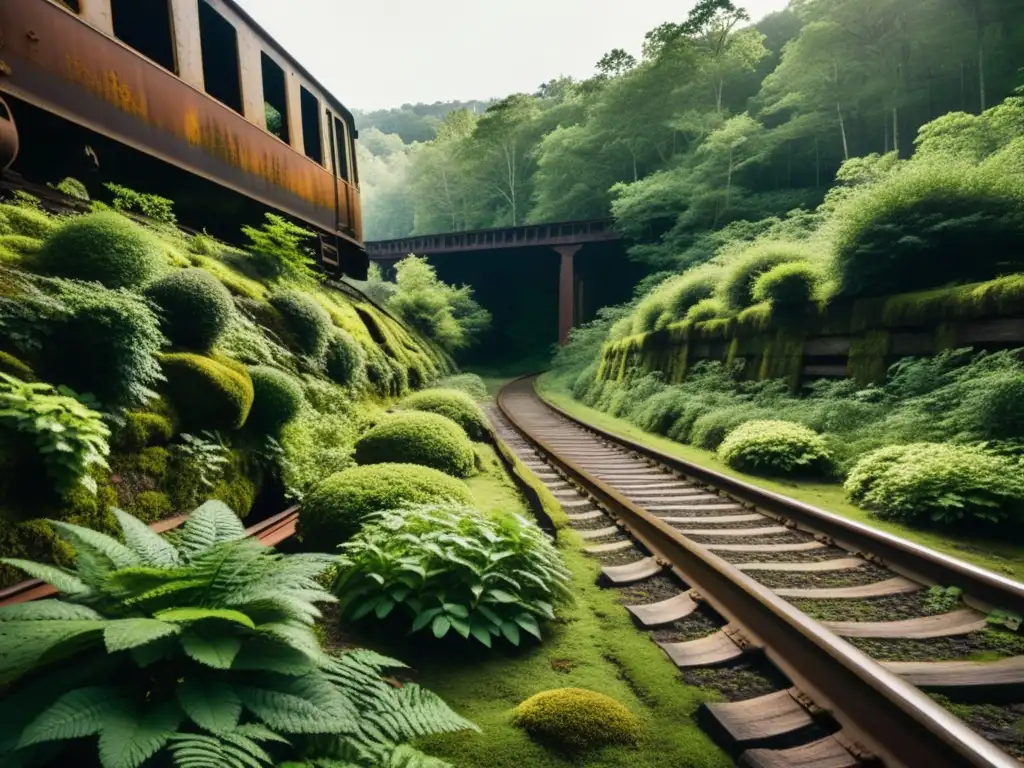 Imagen documental de rutas ferroviarias abandonadas viajar en tren, con vagones oxidadas cubiertas de musgo en un bosque denso