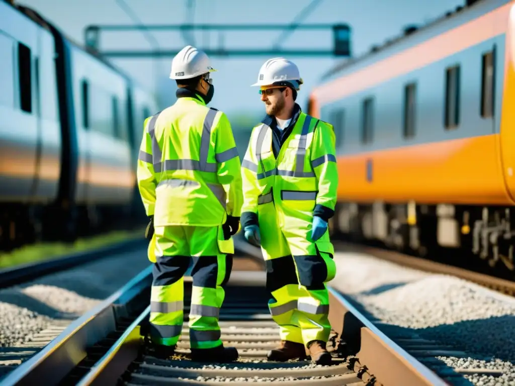 Imagen documental de trabajadores ferroviarios inspeccionando vías y tren, destacando la seguridad en el transporte ferroviario