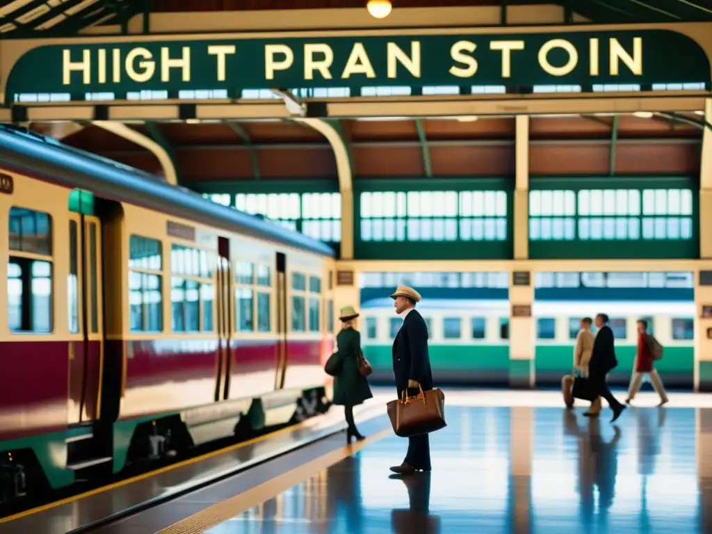 Imagen documental de estación de tren histórica en la era eléctrica, resaltando la transformación social y el bullicio de pasajeros en movimiento