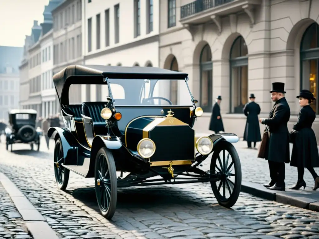 En la imagen se muestra un elegante carruaje eléctrico del siglo XIX en una calle empedrada, rodeado de curiosos