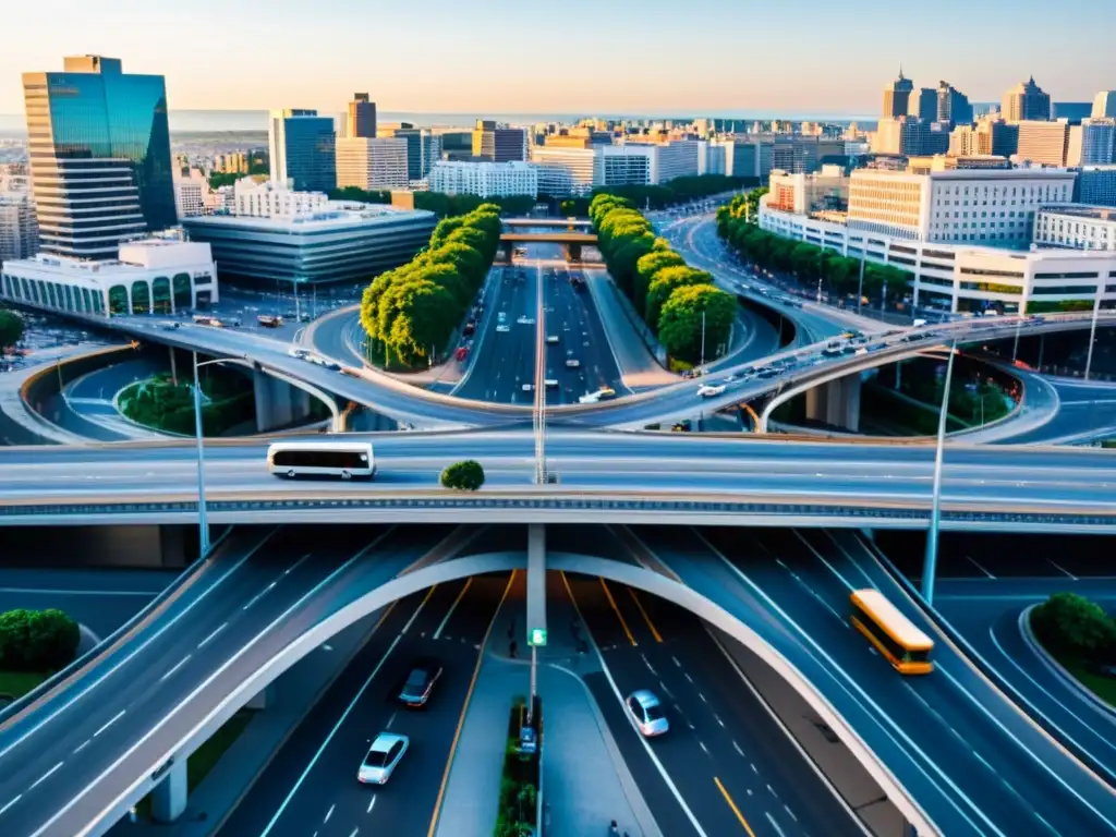 La imagen muestra la energía de una gran ciudad con su infraestructura de movilidad, destacando la necesidad de eficiencia en las grandes ciudades