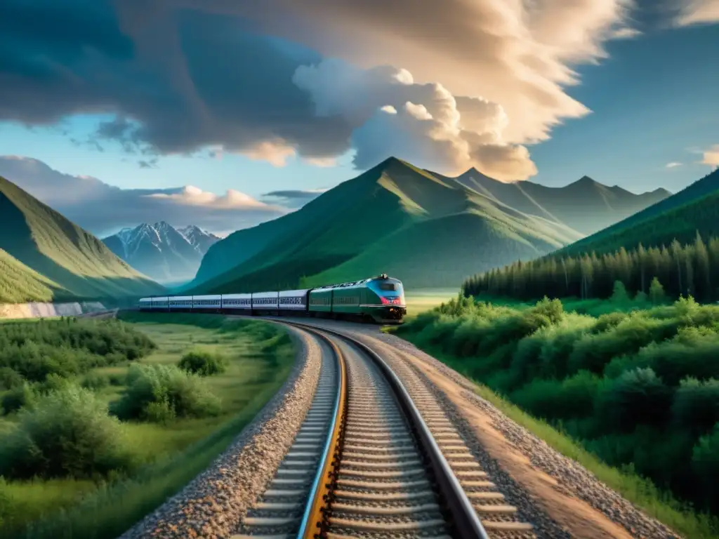 Imagen épica de la famosa ruta del Transiberiano serpenteando a través de la naturaleza salvaje de Siberia, con un cielo dramático de fondo, representando la aventura de los viajes en tren emblemáticos