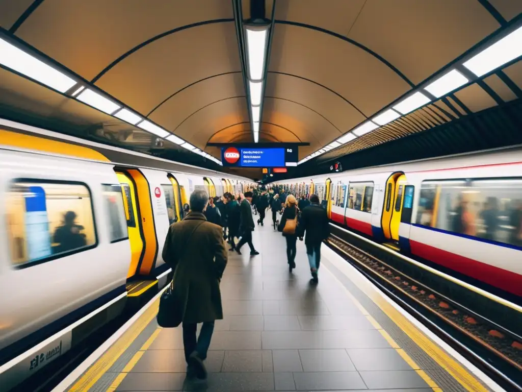 La imagen muestra la estación abarrotada del Metro de Londres en hora punta, con pasajeros atravesando los torniquetes y moviéndose por el andén