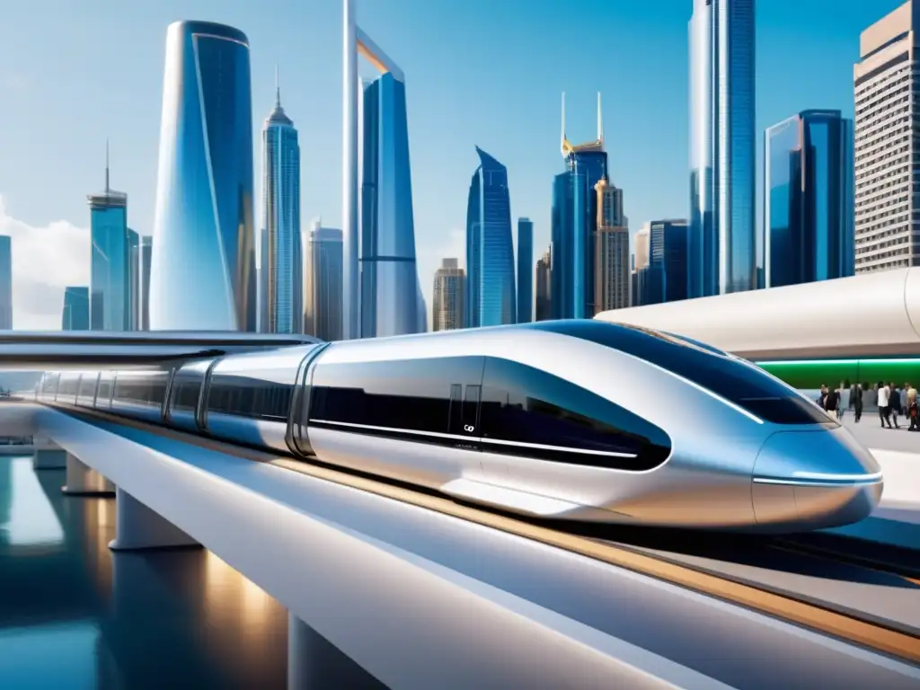 La imagen muestra una estación futurista del Hyperloop en el centro de la ciudad, con una integración perfecta en la arquitectura moderna