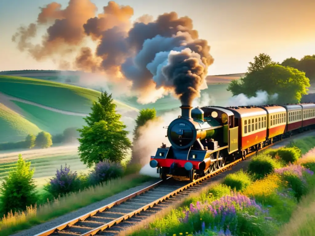 Imagen evocadora de un antiguo tren a vapor en un paisaje europeo pintoresco