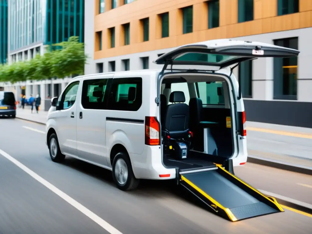 Imagen de una furgoneta moderna y accesible con elevador hidráulico, brindando servicios de transporte accesibles para discapacitados en la ciudad