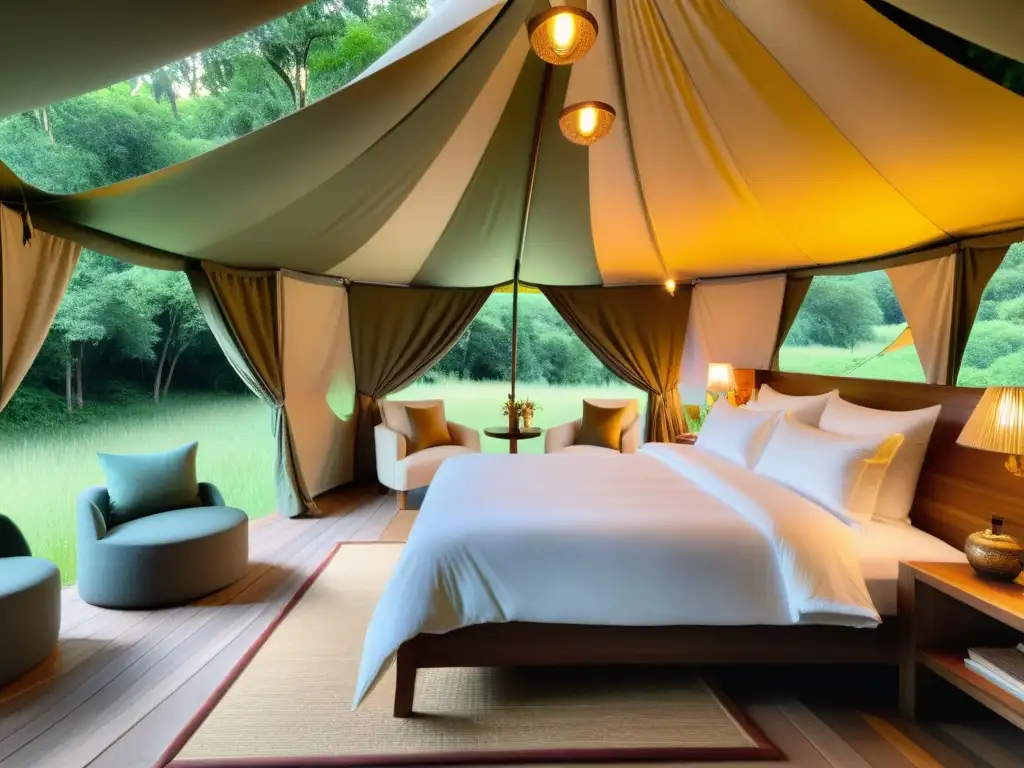 Imagen de glamping de alta gama en la naturaleza, con glamour y lujo en un entorno natural exuberante y acogedor al atardecer