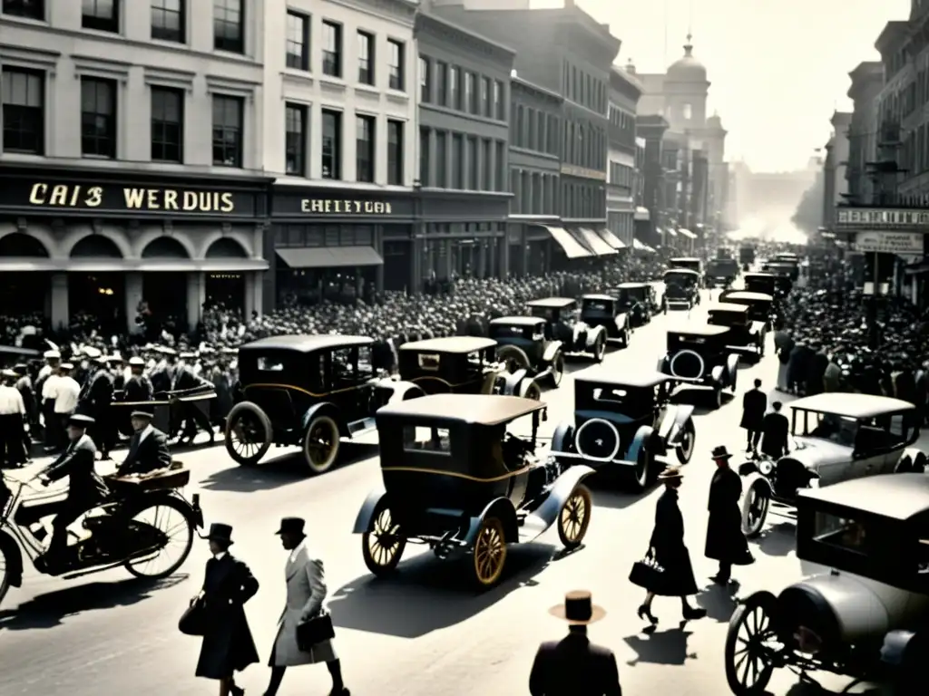 Imagen histórica en blanco y negro de una concurrida calle de la ciudad a principios del siglo XX, destacando la diversidad y la accesibilidad universal en medios de transporte