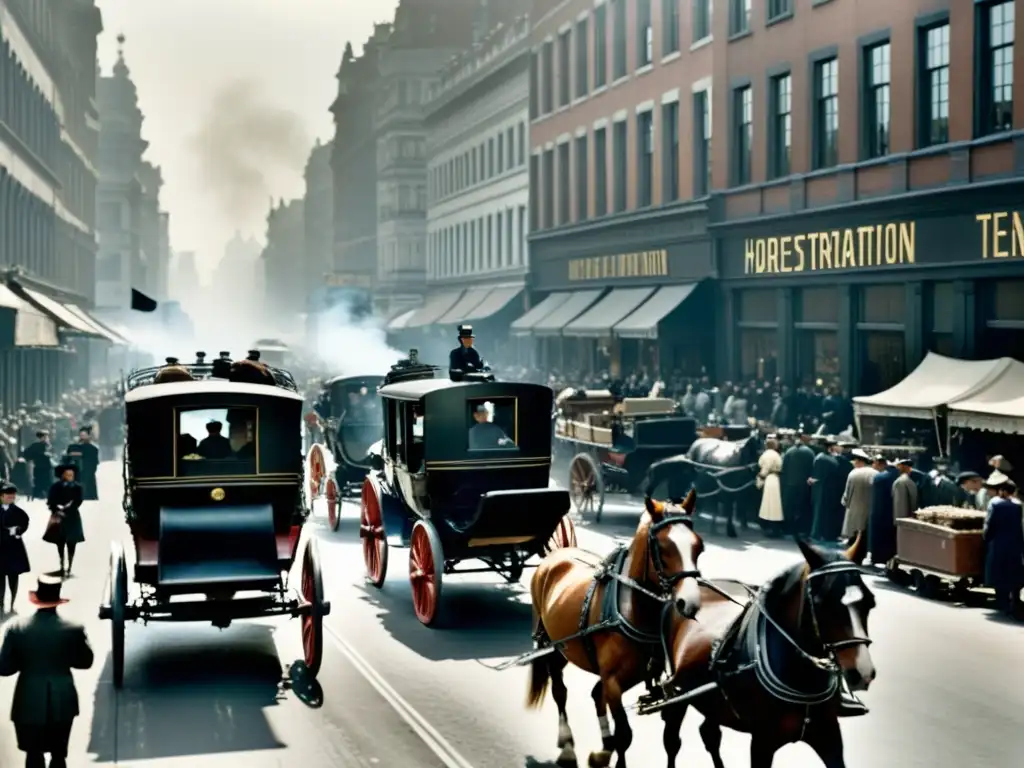 Imagen histórica de una bulliciosa calle de la ciudad del siglo XX con carros de caballos y peatones