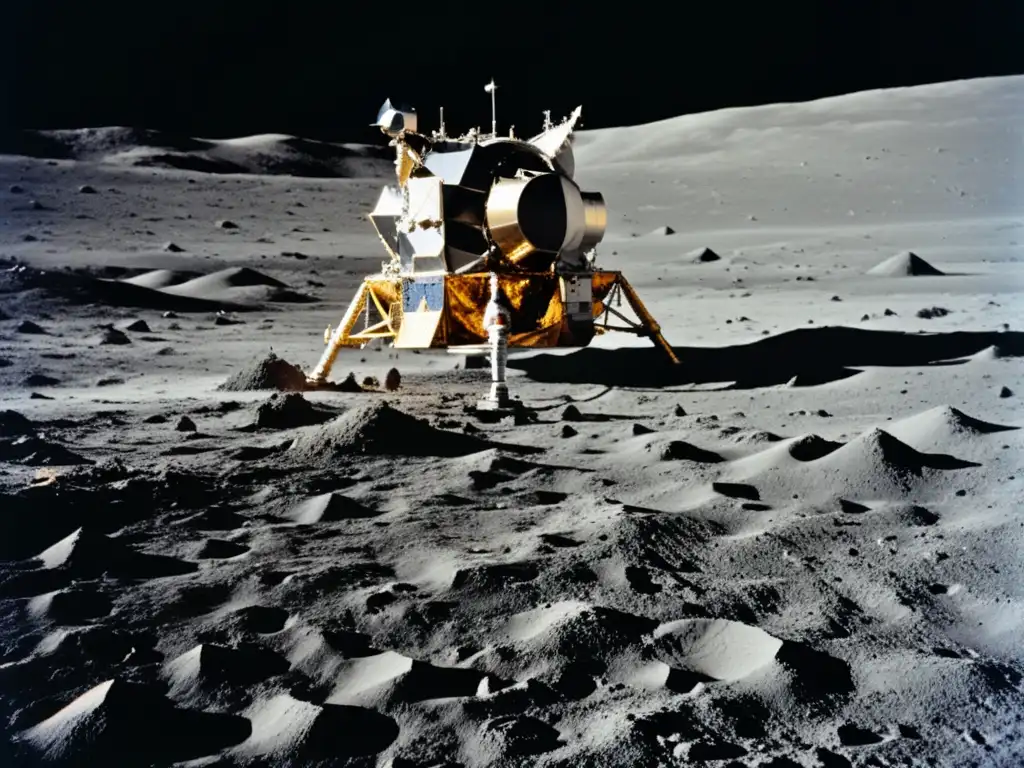 Imagen de la histórica nave lunar del Apolo 11 en la superficie lunar, con huellas de astronauta