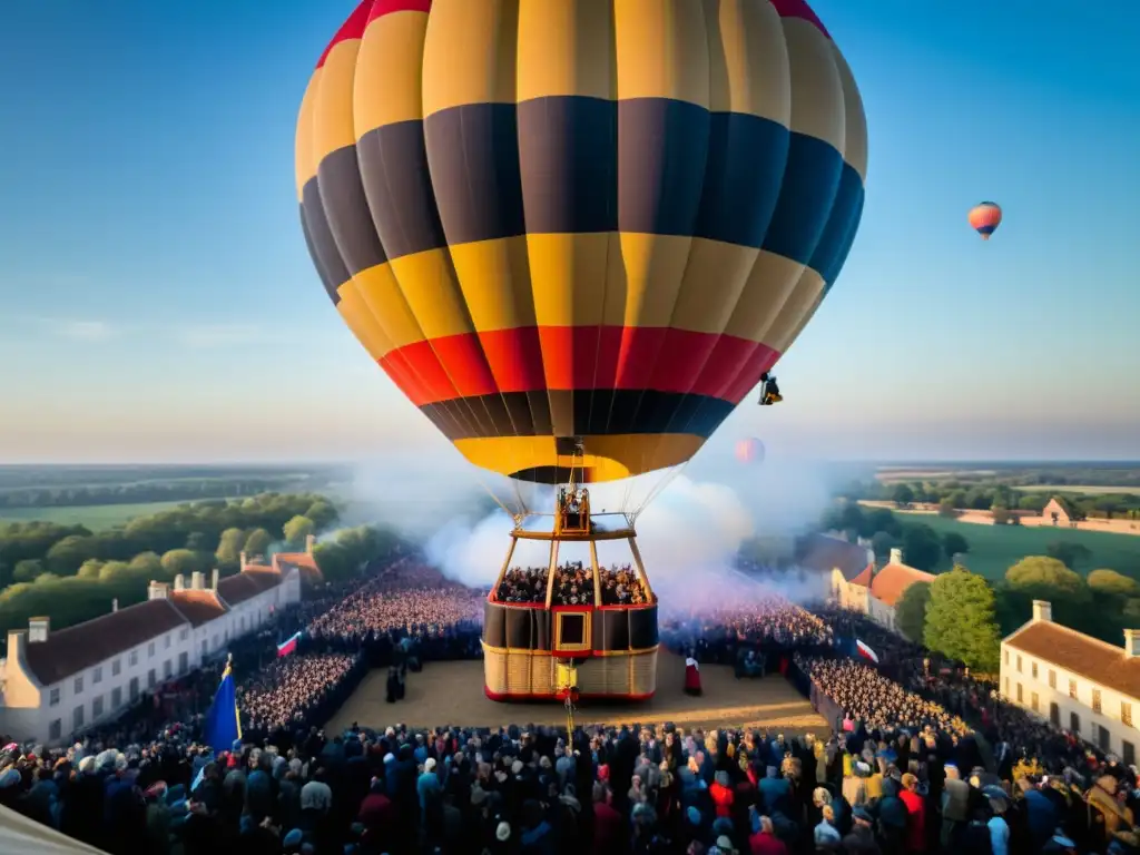 Imagen histórica del primer vuelo tripulado en globo aerostático en 1783