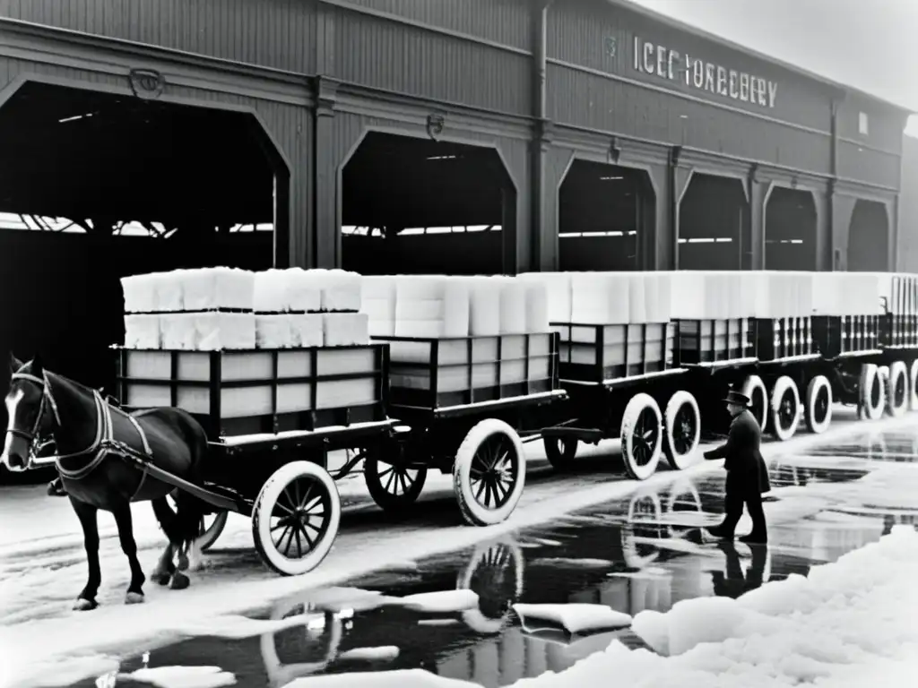 Imagen histórica de trabajadores descargando hielo en una antigua bodega, destacando el impacto histórico de la logística fría