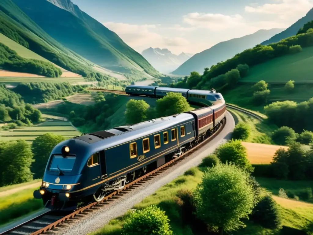 Imagen del icónico tren Orient Express viajando a través de un paisaje europeo, evocando el romanticismo de los trenes icónicos en la historia