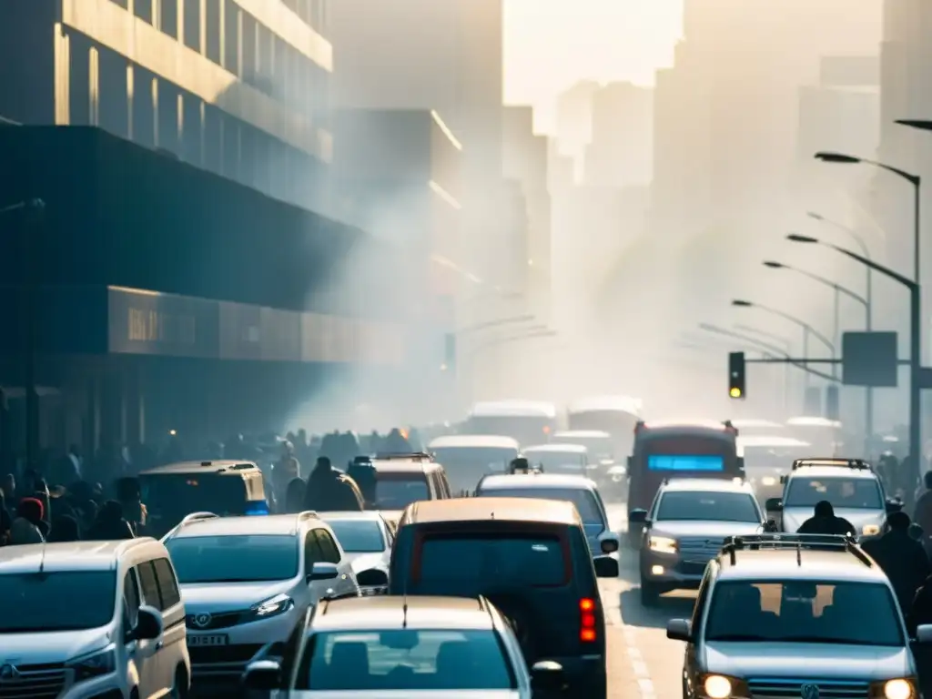 Una imagen impactante de una calle congestionada llena de vehículos que emiten contaminantes, afectando el clima y la salud pública