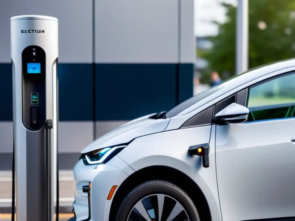 Imagen impactante de un coche eléctrico moderno cargándose en una estación de carga, resaltando el impacto del litio en el transporte