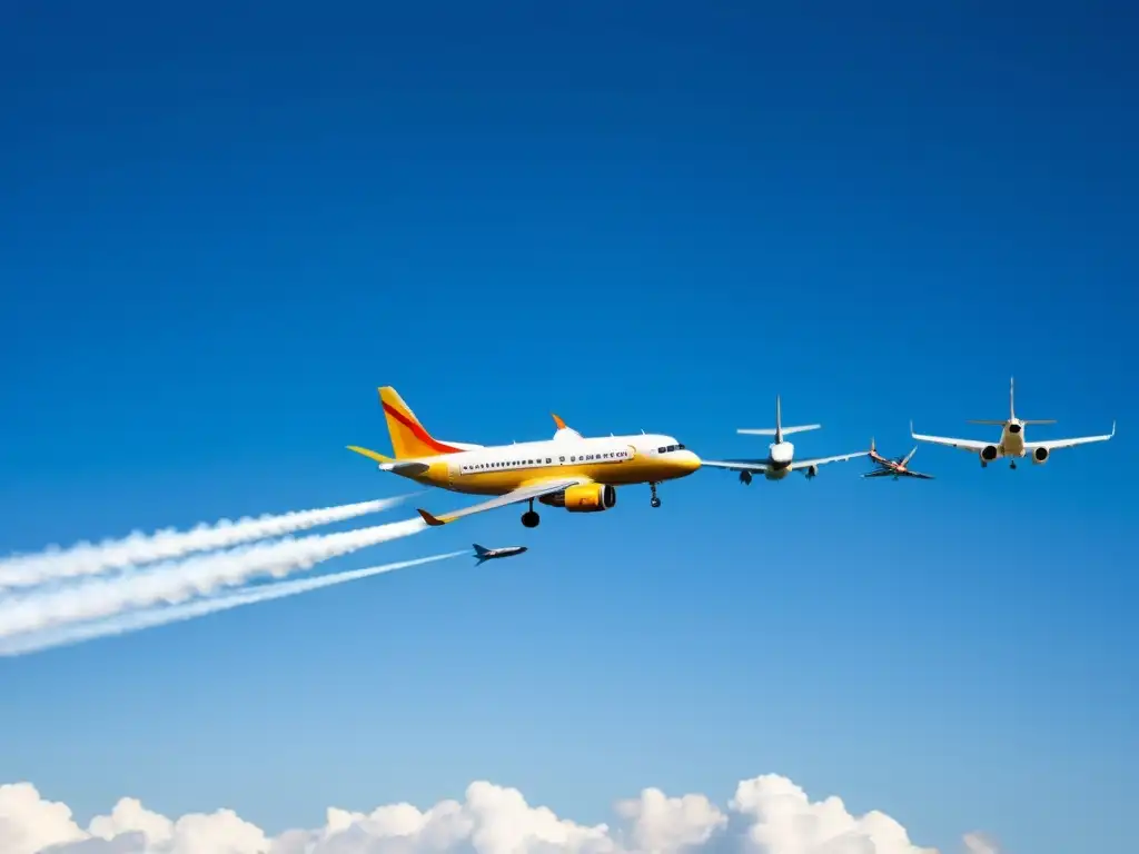 Imagen impactante que muestra la evolución de la historia social del transporte aéreo, desde aviones propulsados hasta modernos jets comerciales, en un escenario dinámico con cielo azul y paisajes icónicos