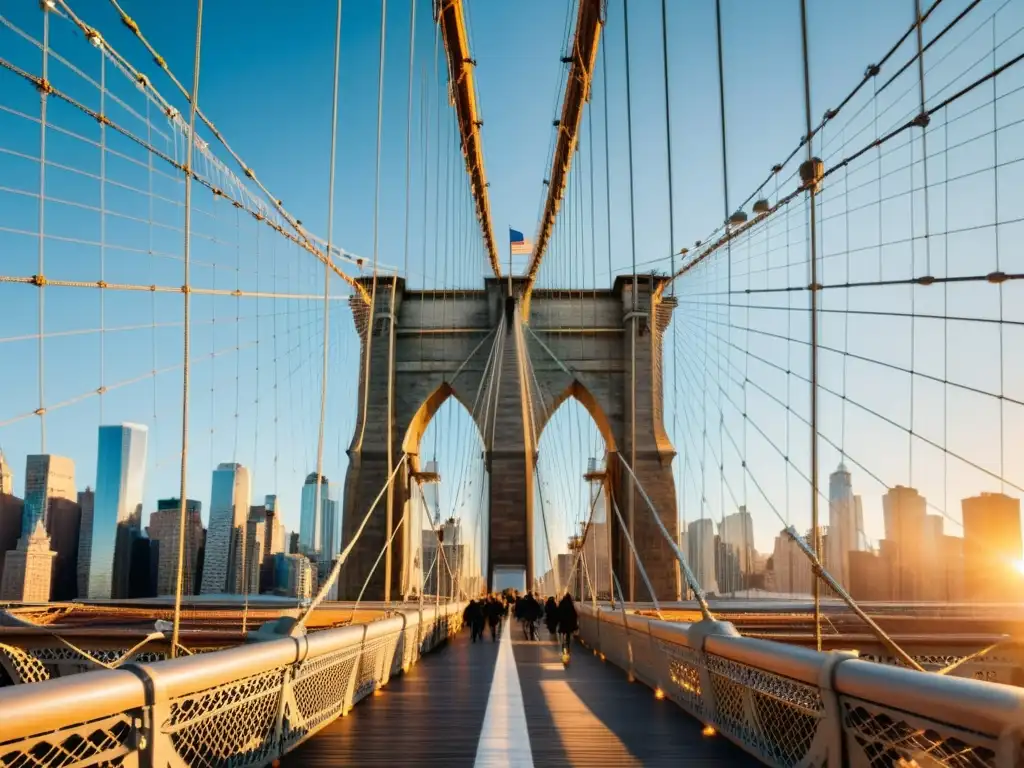 Imagen impactante del histórico Puente de Brooklyn en Nueva York, con sus detallados cables de acero y majestuosas torres de piedra