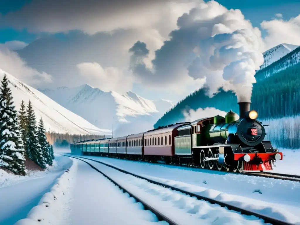 Imagen impactante del icónico Ferrocarril Transiberiano, con un potente tren de vapor atravensando un paisaje nevado