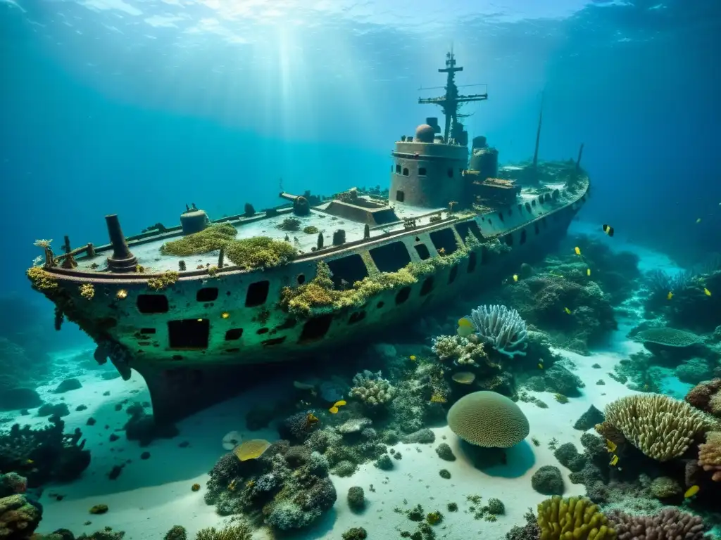 Imagen impactante del impacto ambiental de buques de guerra hundidos, rodeados de vida marina y formaciones de coral en el fondo del océano