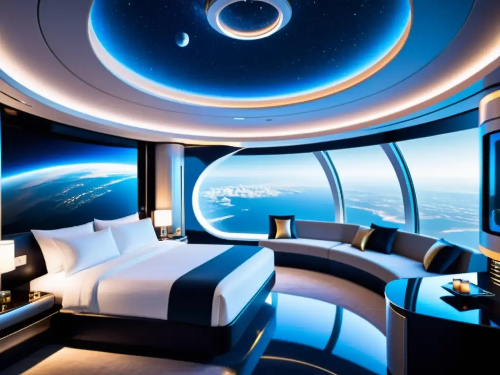 Imagen impactante del lujoso hotel espacial, con diseño futurista y vistas panorámicas de la Tierra en órbita