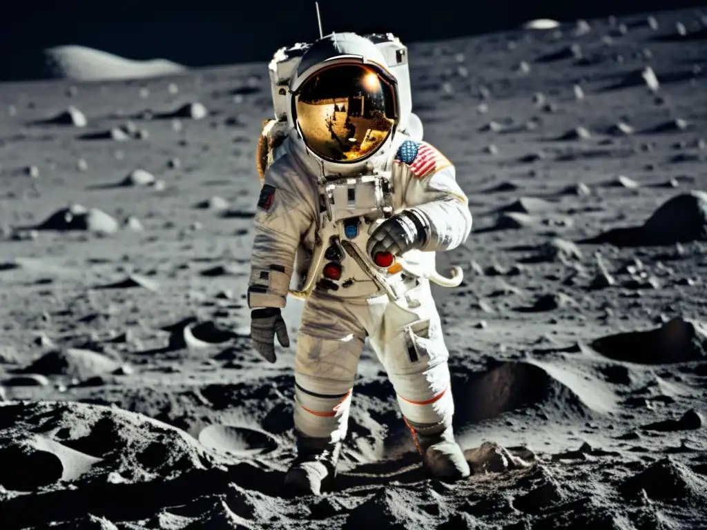 Imagen impactante del primer hombre en la luna, con detalles del traje espacial y la superficie lunar, mostrando innovaciones tecnológicas en transporte espacial