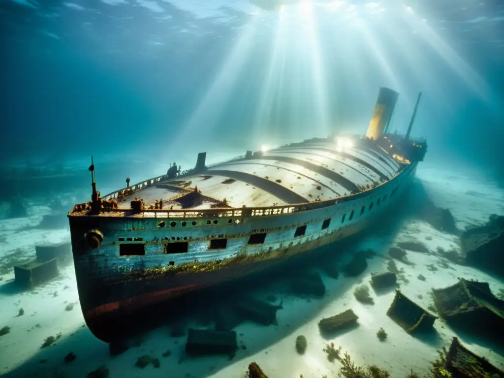 Imagen impactante del Titanic en el fondo marino, con rayos de luz etéreos iluminando los restos