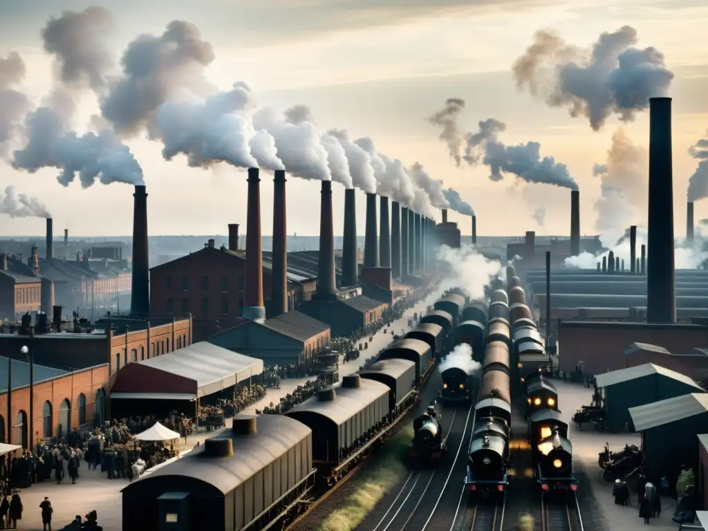 Imagen impactante de la evolución del transporte en la historia con un fuerte impacto ambiental por la contaminación de la revolución industrial