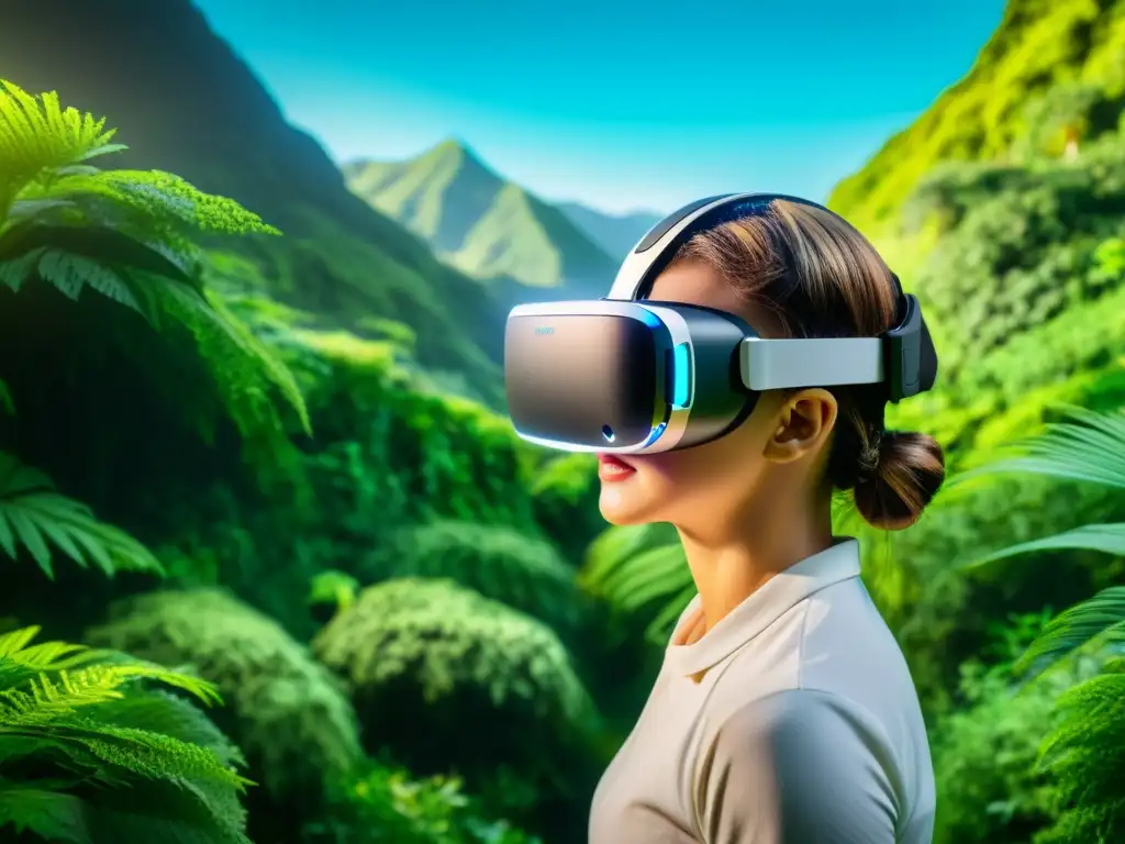 Una imagen de impacto ambiental de la realidad virtual: un paisaje vibrante y natural se refleja en un visor, destacando la armonía entre tecnología y conservación